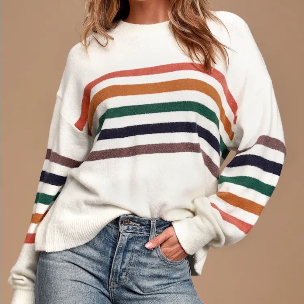 Lulu's White Sweater with Multicolor Stripes